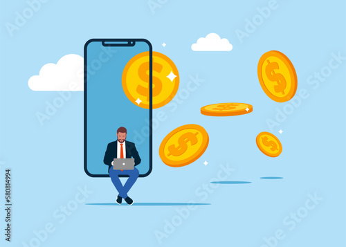 Man sitting on the phone display and make money online. Remote work, mobile marketing. Modern vector illustration in flat style