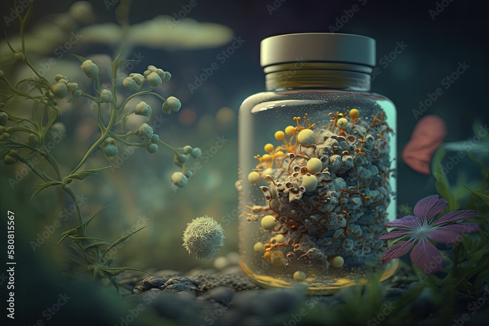 bottle of medicine with flowers. Generative AI