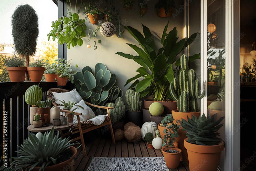 Green lush Indoor plants on the terrace. Beautiful indor plants in the ...