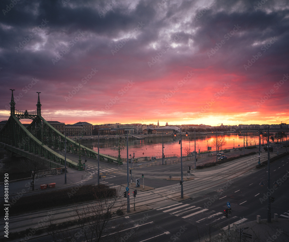 Wonderful sunrise over Liberty Bridge, Budapest