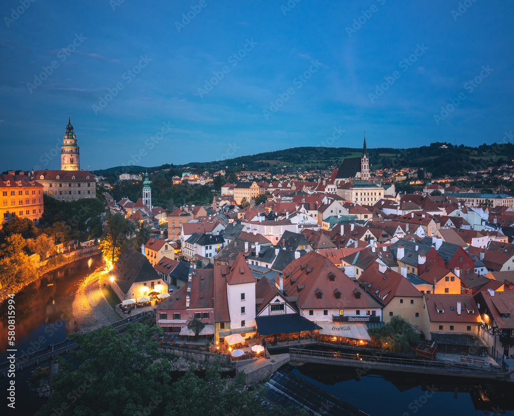 Panoramic night view over the old Town of Cesky Krumlov, Czech Republic