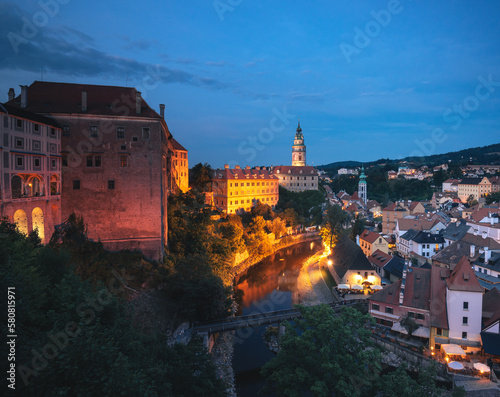 Panoramic night view over the old Town of Cesky Krumlov, Czech Republic
