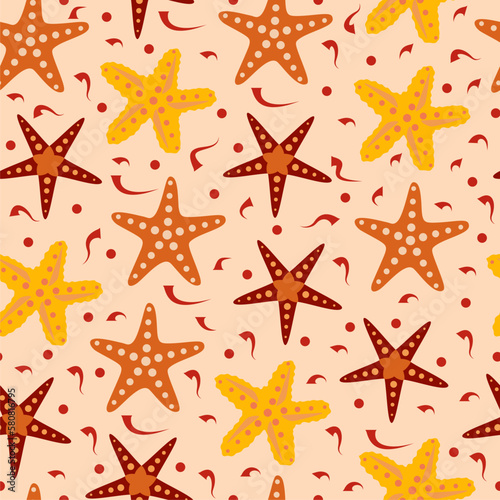 Starfish zentangl irregular seamless pattern. Yellow and brown doodle sea-stars editable endless texture for fabric. photo