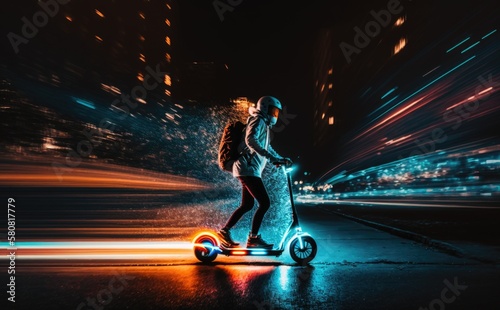 Person in electric stand-up scooter at night. Abstract illustration of city micro mobility with e-scooter. photo