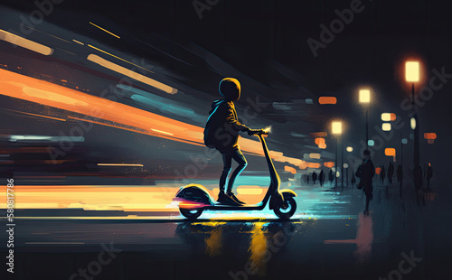 Kid in electric stand-up scooter at night. Abstract illustration of city micro mobility with e-scooter. Generative AI. photo