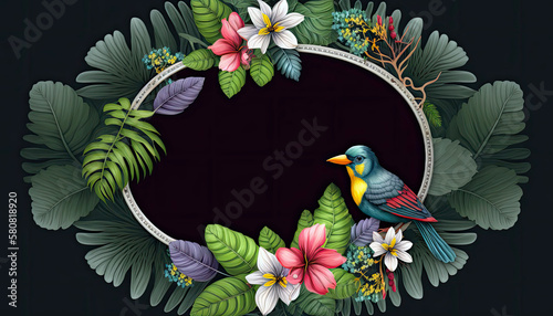 Creative layout, ovaltine frame with bright bird, gorgeous tropical leaves and flowers on dark background. Generative AI. Flat lay design. Nature concept. photo