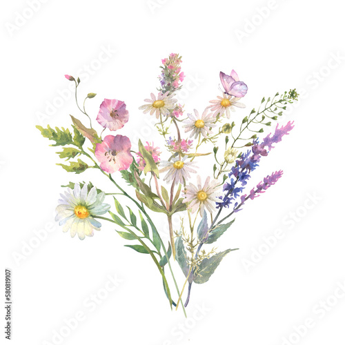 Watercolor meadow flowers bouquet of chamomile, bindweed, sage and thyme, and purple butterfly. Hand painted floral poster of wildflowers isolated on white background.