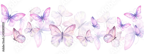 Seamless bordure with watercolor illustrated delicate purple butterflies. Design for packaging, label and greeting card.