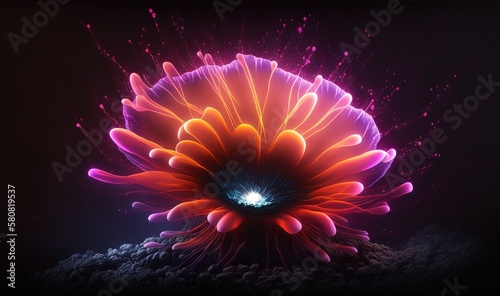  a computer generated image of a flower with bright colors and a black background with a blue center surrounded by pink and orange petals and bubbles.  generative ai