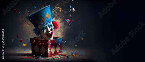 Jack in the Box with confetti, jester hat. April fool day concept with box surprise. Banner 3D illustration with a copy of the place for the text