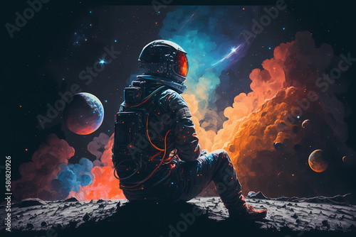 The astronaut on the planet admires the space landscape. AI generation © Ирина Шемшура