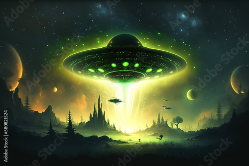UFO Spaceship Flying Saucer Alien Beaming to Earth Landscape Smoke Clouds Space Generative AI