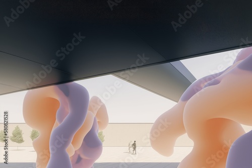 Soft abstract different figures and form in exhibition museum space. Surreal landscape. Fantasy contemporary art gallery, sunny day. Generative AI
