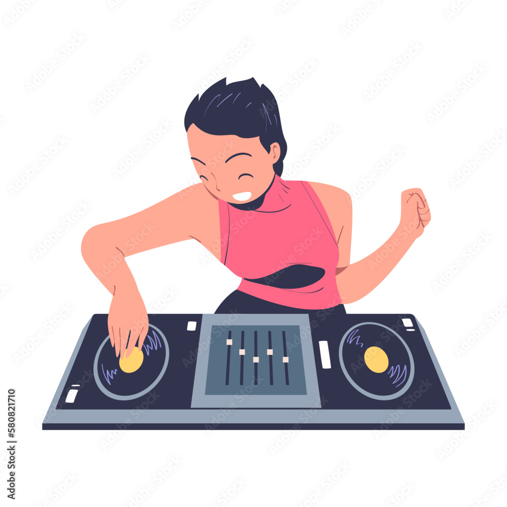 Happy girl DJ mixing modern music at console mixer at party cartoon vector illustration Happy girl DJ mixing modern music at console mixer at party cartoon vector illustration
