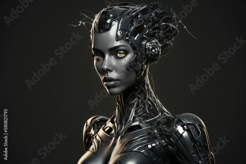 Robot woman on black background