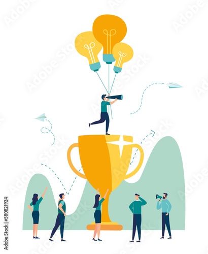 vector illustration, search for new ideas, teamwork in the company, brainstorming, fantasy flight, thought process, balloon flies up the company of little men rejoice, moving up approaching the goal