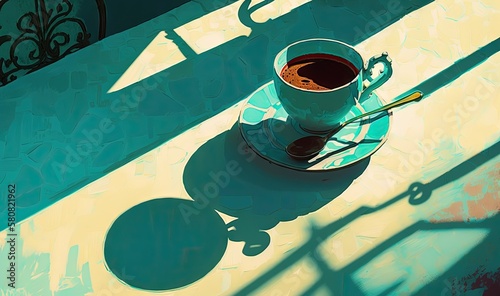  a painting of a cup of coffee on a saucer with a spoon on a saucer on a table next to a railing and a window. generative ai