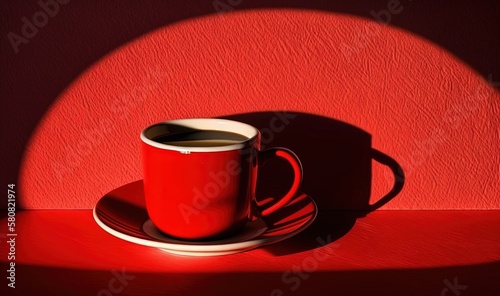  a red coffee cup sitting on top of a saucer on top of a red counter top next to a shadow of a red wall.  generative ai