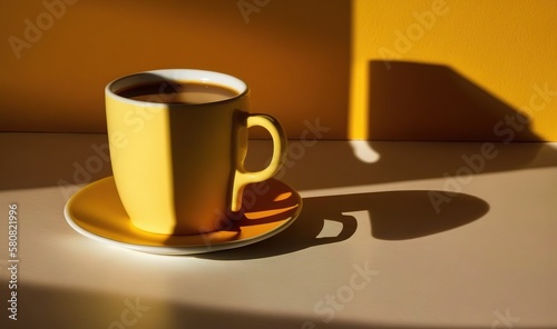  a cup of coffee sitting on top of a saucer next to a shadow of a yellow wall and a yellow wall behind it on a table. generative ai