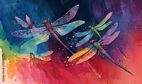  a painting of three dragonflies on a colorful background with watercolor stains on the bottom of the image and a splash of paint on the bottom half of the image.  generative ai © Nadia