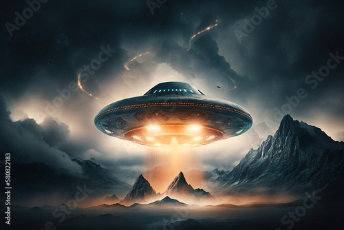 UFO Spaceship Flying Saucer Alien Beaming to Earth Landscape Smoke Clouds Space Generative AI