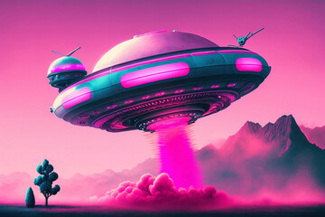 Leinwandbilder Rosa UFO Spaceship Flying Saucer Alien Beaming to Earth Landscape Smoke Clouds Space Vaporwave Pink Generative AI  © Kelly Cree