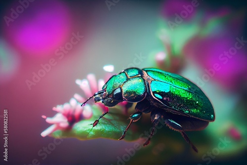  green bug, pink bokeh background Generative AI