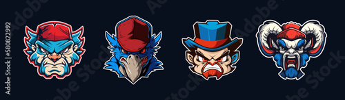 Cartoon animal head, red and blue sport logo collection with white outlined. Angry face of blazer, cougar, raptor and ram characters. Sport team mascot set. Vector illustration