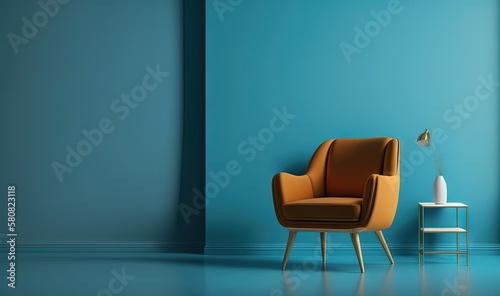  a chair and a table in a room with a blue wall and a lamp on a table next to it and a blue wall behind it. generative ai