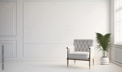  a chair and a potted plant in a room with a white wall and a white wall with a white paneled door and a window. generative ai