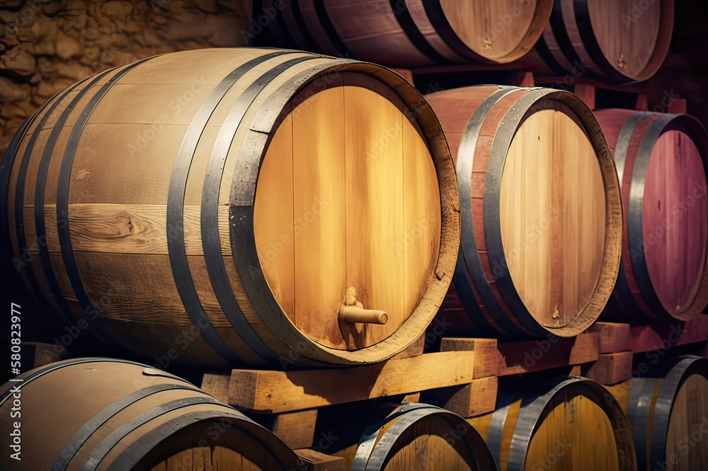 Aging Perfectly: Wine Barrels in Cellar. Photo generative AI