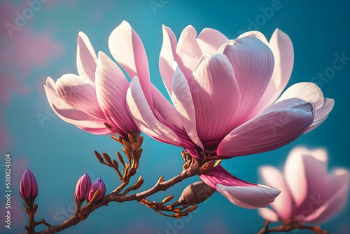 Beautiful delicate light pink magnolia on blue background. Spring and summer  love and romance. Generative AI  illustration
