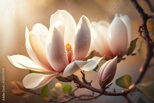 Beautiful delicate white magnolia in sunshine. Spring and summer  love and romance. Generative AI  illustration