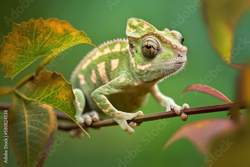 closeup of a chameleon sitting on a branch in the forest. Generative AI