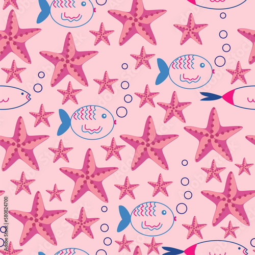 Cartoon sea animals background. Seamless pattern with cute funny starfish. Pink background.