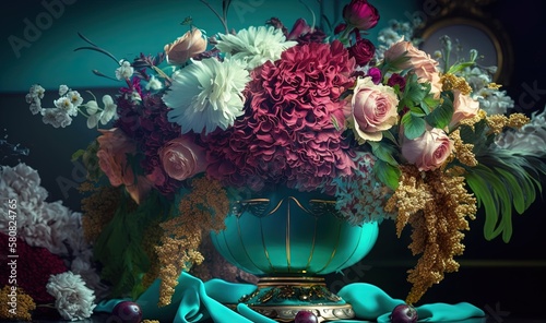  a blue vase filled with lots of flowers on top of a wooden table next to a blue cloth and a blue vase with flowers in it. generative ai