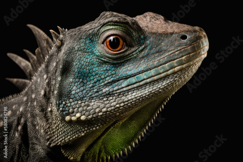 Close-up of a Black Iguana  Ctenosaura  isolated on black background. Generative AI