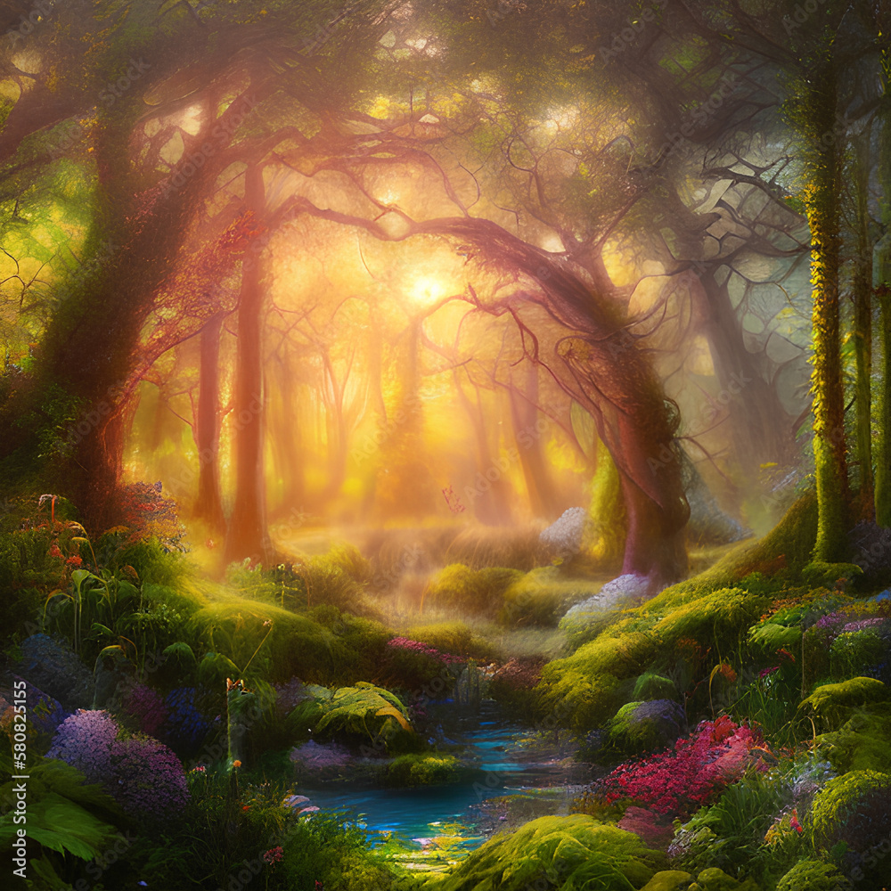 Fantasy Forest Sunrise Painting Illustration: Captivating Morning Scene. Generative A.I
