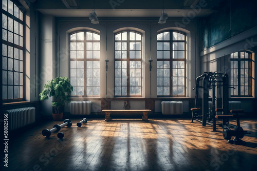 Spacious gym very bright with lots of bay windows - Ai generative photo