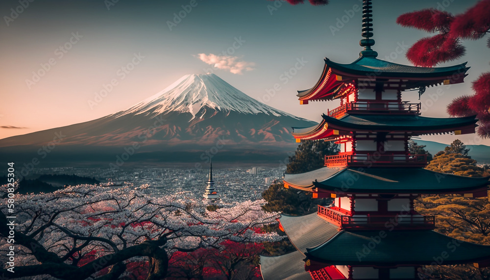 Typical Japanese landscape with Mount Fuji in the background and a pagoda in the foreground - Ai generative