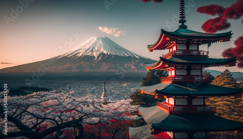Typical Japanese landscape with Mount Fuji in the background and a pagoda in the foreground - Ai generative