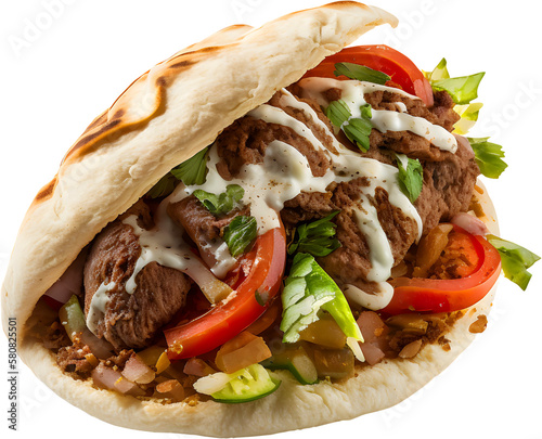 Kebab in a bun with vegetables. Kebab sandwich with meat. Grilled chicken with vegetables. Generative AI