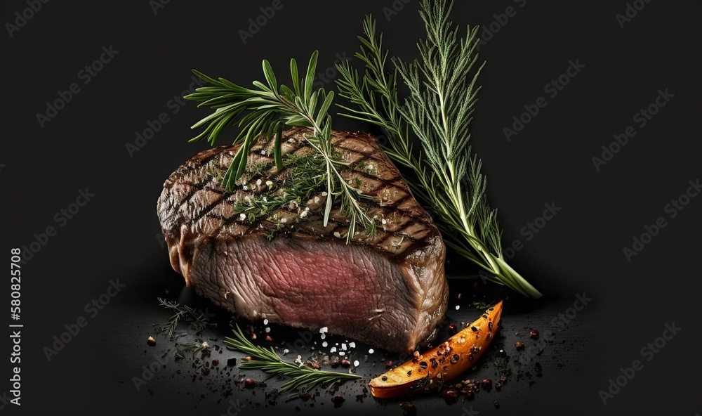  a piece of steak with a sprig of rosemary on top of it.  generative ai