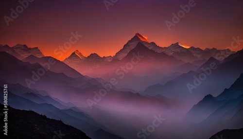  a view of a mountain range with a sunset in the background and fog in the foreground, with the sun setting behind the mountains.  generative ai © Oleg