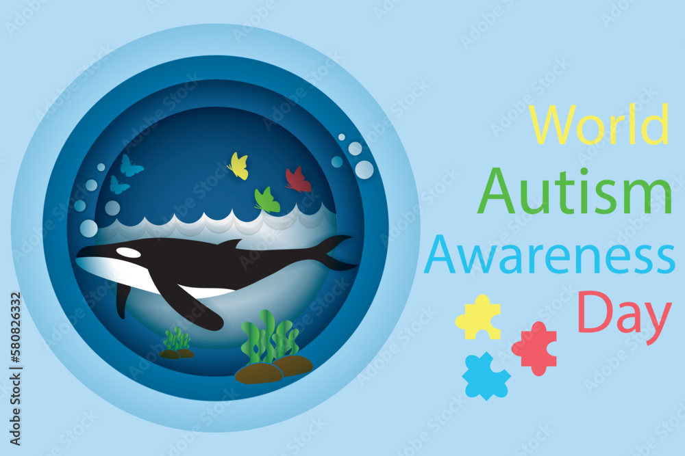 World Autism Awareness Day. Flat design illustration template for brochures, social media, articles, greetings. Oscar Whale with blue background.