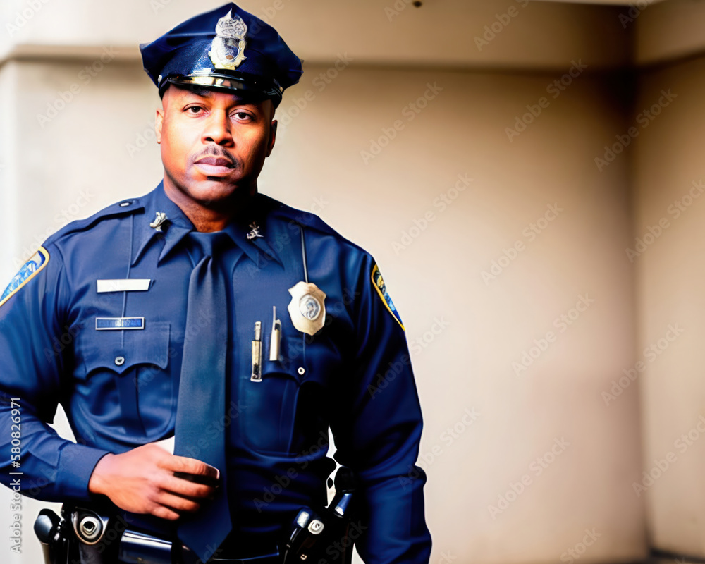 Candid portrait of a proud and confident African American male police  officer in uniform, generative AI Stock Photo | Adobe Stock
