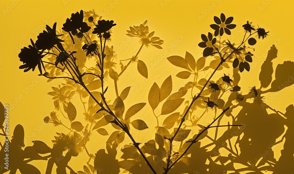  a yellow background with a bunch of leaves and flowers in the shadows of the leaves on the branches of the plant, and the shadow of the leaves on the ground.  generative ai
