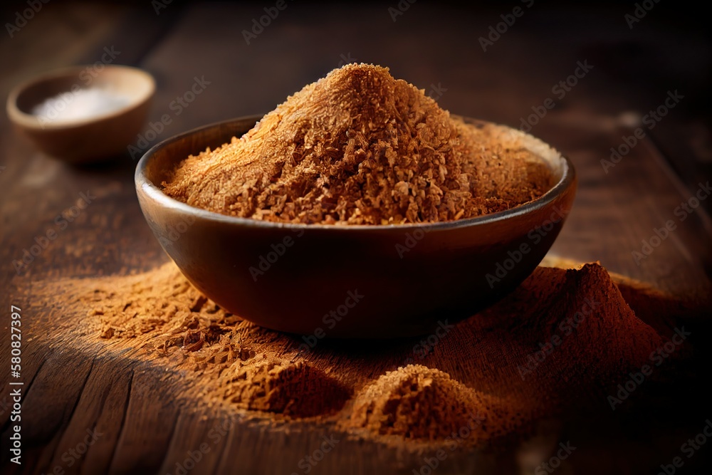 Brown coconut sugar pile in bowl on wood table. AI generative Brown coconut sugar pile in bowl on wood table. AI generative
