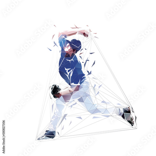 Baseball player throwing ball, low poly isolated vector illustration, geometric drawing from triangles. Side view. Team sport athlete