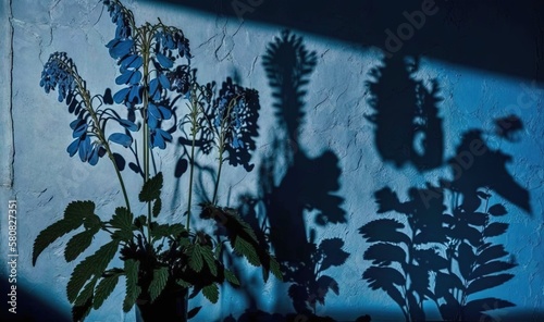  a plant casts a shadow on a wall with a blue wall behind it and a shadow of a plant on a wall behind it with a shadow.  generative ai
